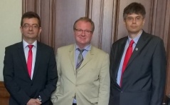 15 May 2015  The Chairman of the Committee on the Diaspora and Serbs in the Region Dr Janko Veselinovic and Committee member Aleksandar Cotric with the President of the Central Council of Serbs in Germany Milan Cobanov 